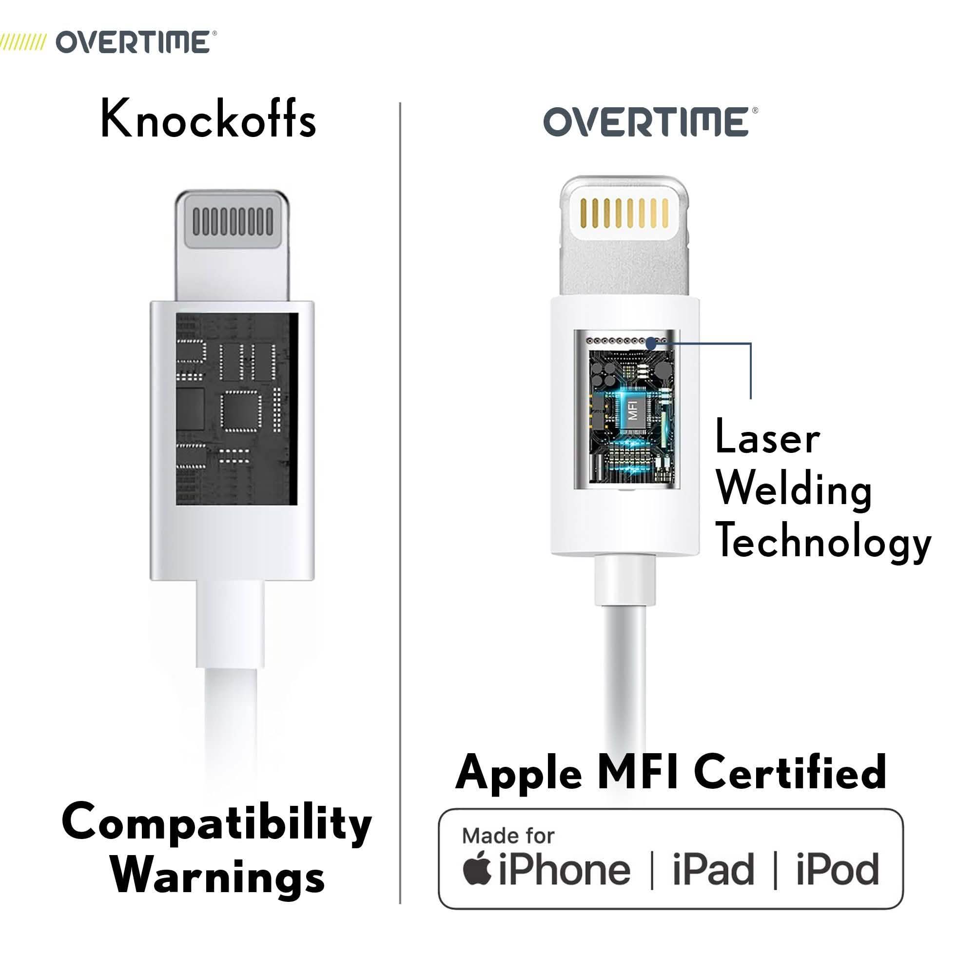 2-Pack: 4 Ft. White Overtime Apple MFi Certified Lightning USB Cable