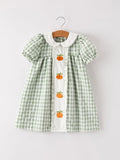 Fall Halloween & Thanksgiving Pumpkin Applique Plaid Green Girls Dress