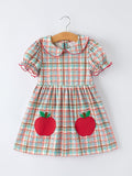 Back to School Plaid Girls Dress Apple Applique Peter Pan Collar