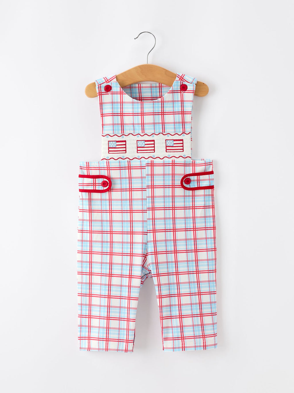 4th of July Plaid Boys Romper Smocked Flag Button Strap