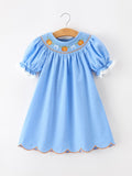 Blue Fall Thanksgiving&Halloween Pumpkin Smock Embroidery Lace Baby Girl Dress