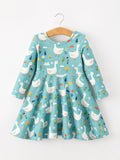 Fall Goose Print Girls Long Sleeve Twirl Dress
