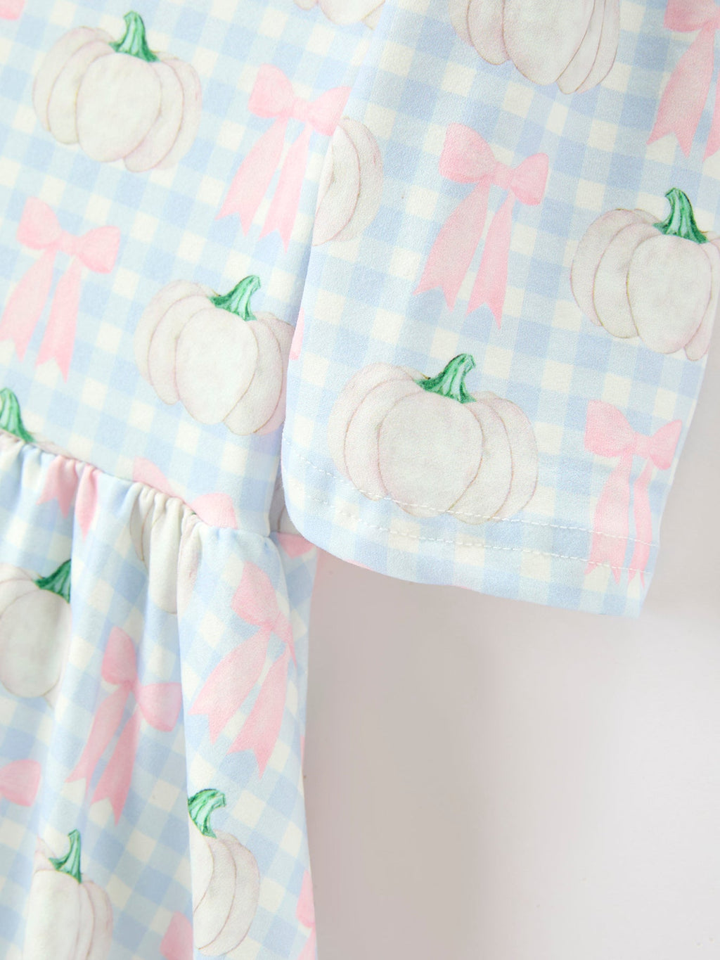 Fall Pastel Pumpkin Bow Plaid Girls Ruffle Hem Dress