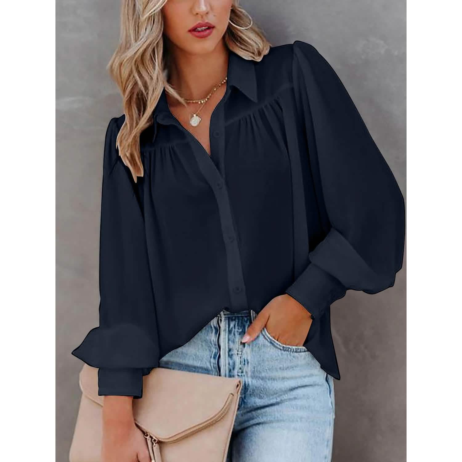 Womens Blouse Shirt Plain Button Long Sleeve